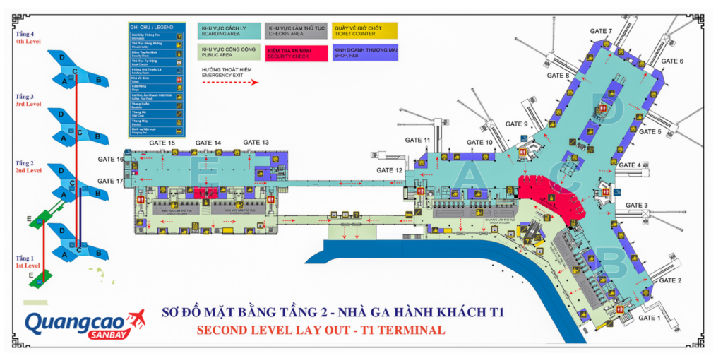 Sơ đồ mặt bằng tầng 2 của nhà ga T1 sân bay Nội Bài