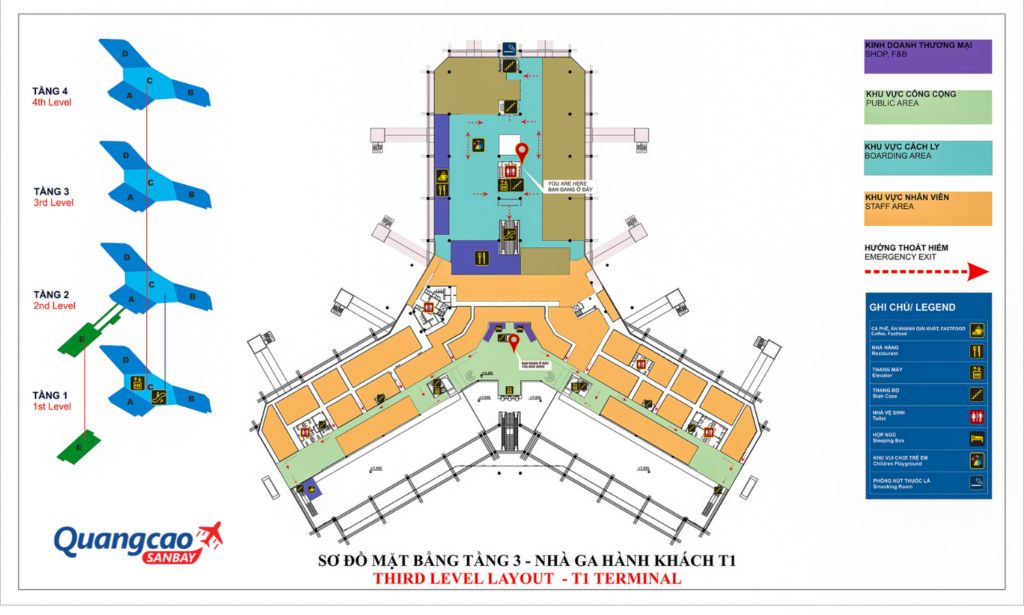 Sơ đồ mặt bằng tầng 3 của nhà ga T1 sân bay Nội Bài