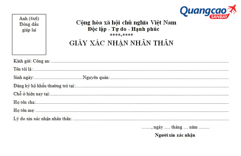 Mẫu giấy xác nhận nhân thân đi máy bay