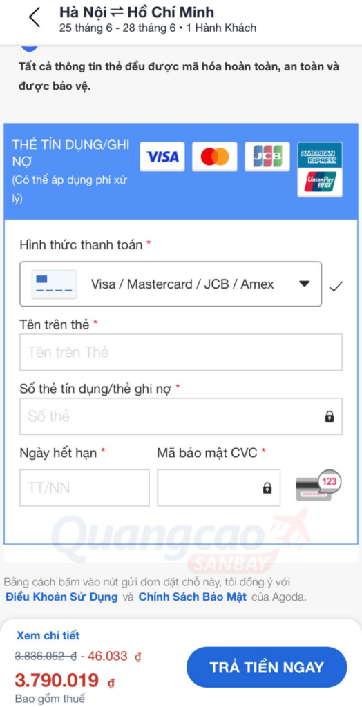 Nhập thông tin thanh toán rồi nhấn “TRẢ TIỀN NGAY”