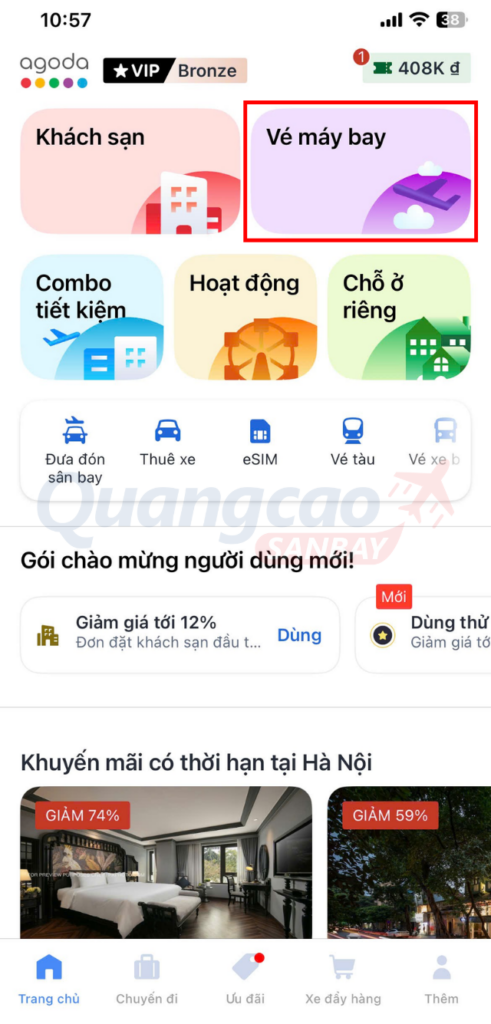 Chọn vào “Vé máy bay”