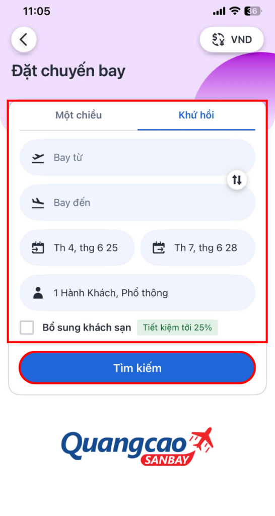 Nhập thông tin về chuyến bay rồi ấn “Tìm kiếm”