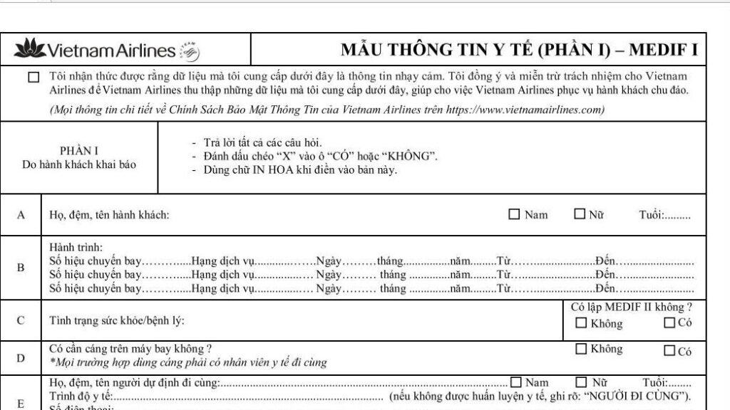 Hành khách trên 80 tuổi cần khai mẫu MEDIF I
