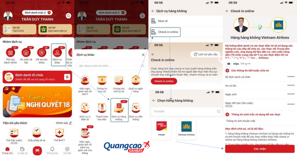 Các bước check-in online khi dùng tài khoản định danh điện tử mức 2