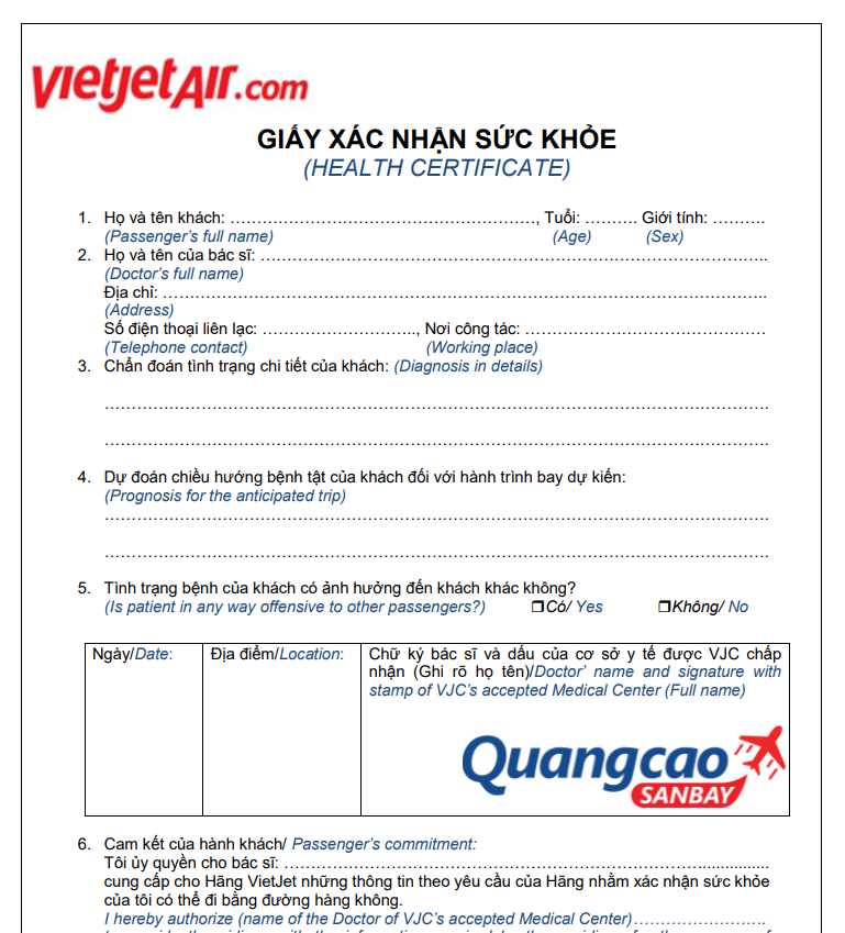 Quy định về giấy xác nhận sức khỏe để đi máy bay Vietjet