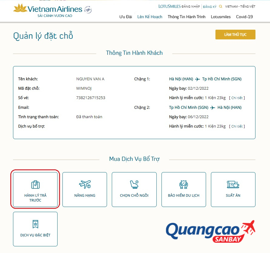 Hướng dẫn mua thêm hành lý ký gửi Vietnam Airlines trên website