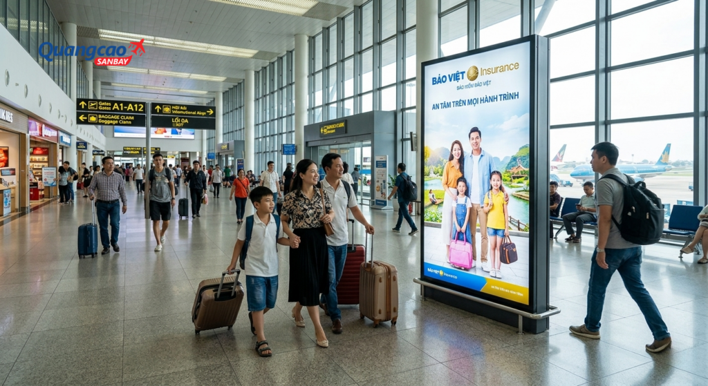 Quảng cáo sân bay cho bảo hiểm trên biển hộp đèn.
