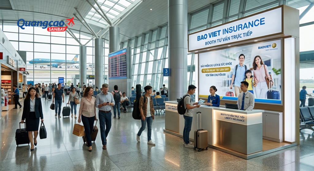 Quảng cáo sân bay cho bảo hiểm trên Booth tư vấn trực tiếp.
