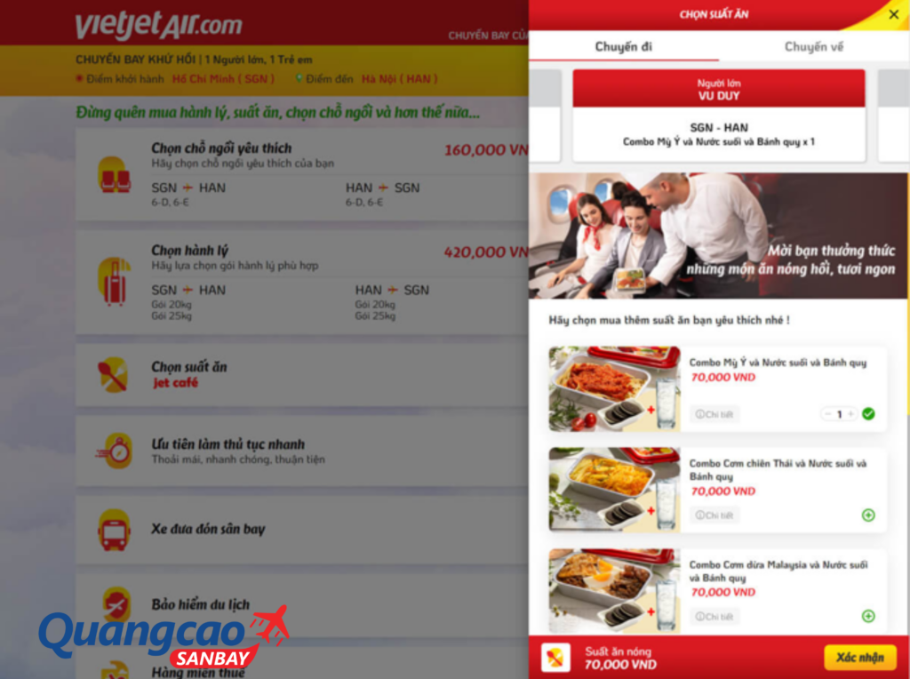 Chọn suất ăn và dịch vụ bổ sung